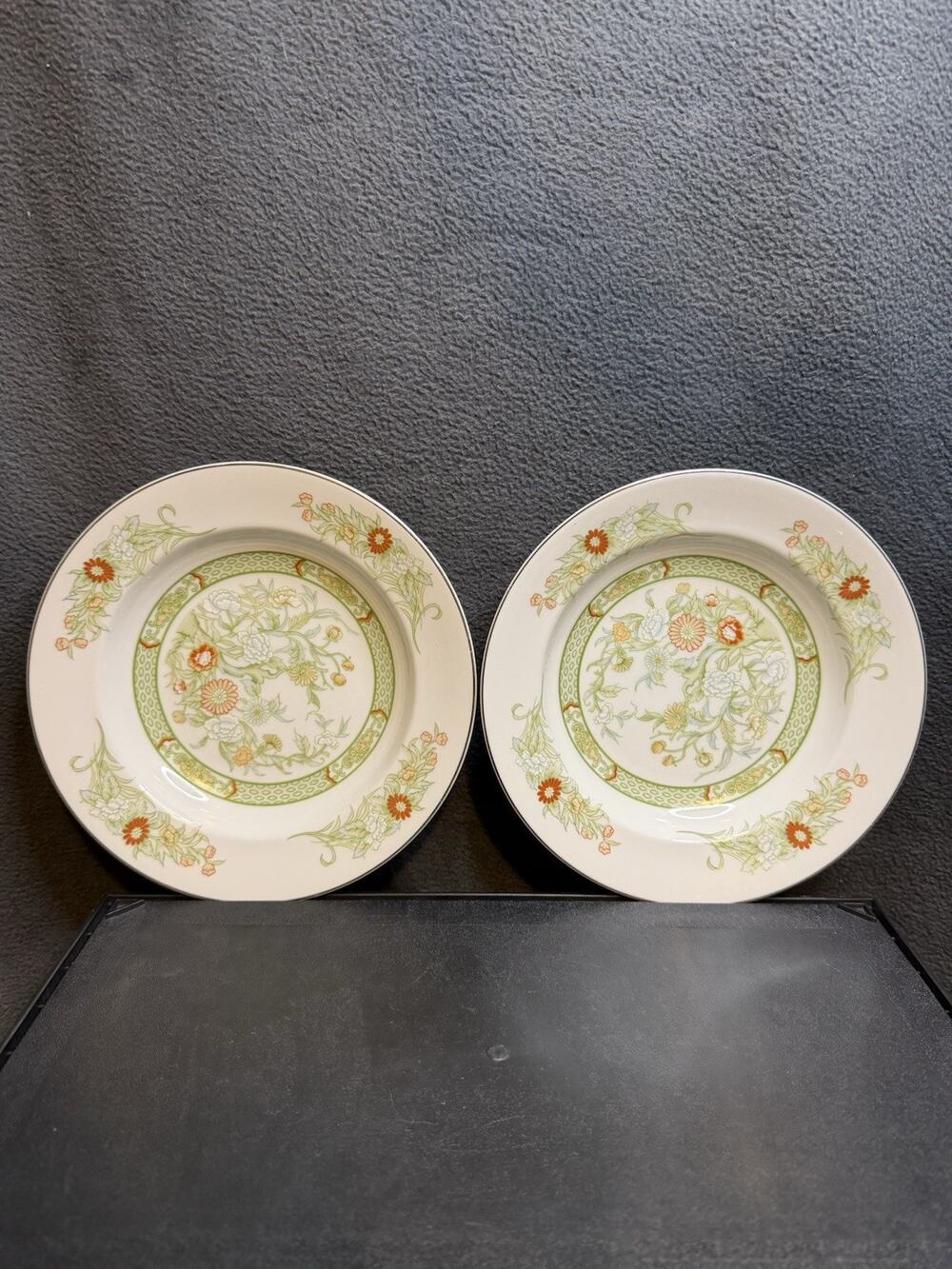 Vintage Mikasa Kabuki L9011 Fine China Rimmed Soup Bowls Green Floral Print